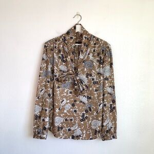 Ann Taylor Brown / White Floral Bird Neck Tie Long Sleeve Blouse Top Size XL